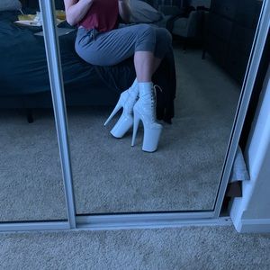Super tall, white, women’s size 9 dancing heels
